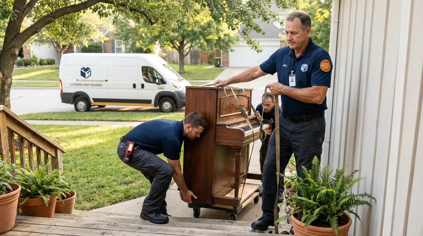 Licensed piano movers securing grand piano in Dalton, OH
