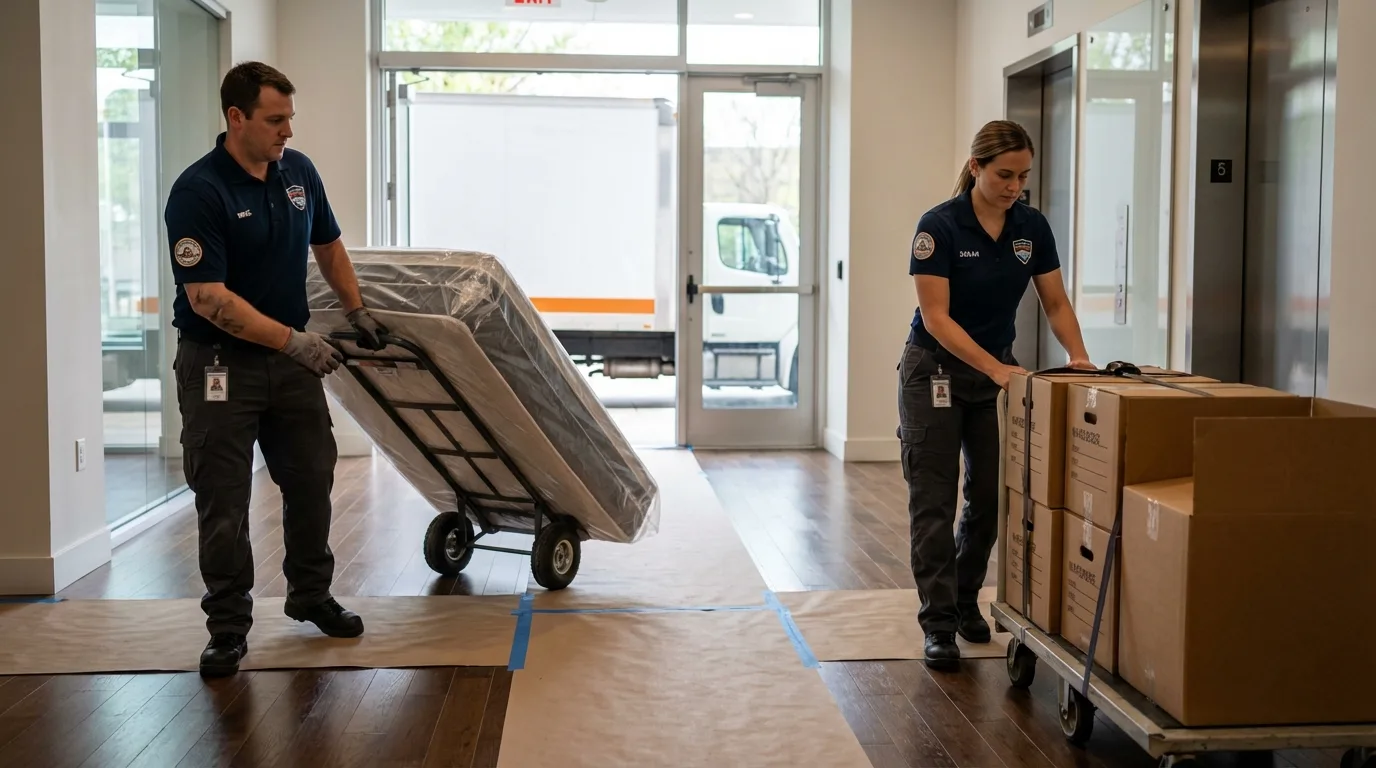 Professional apartment movers loading elevator in Dalton, OH
